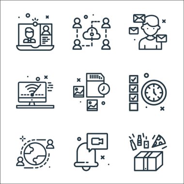 ev çizgisi simgeleri. Doğrusal küme. sipariş, bildirim, iletişim, son teslim tarihi, hafıza kartı, kablosuz ağ, posta, bulut gibi kalite vektör dizisi