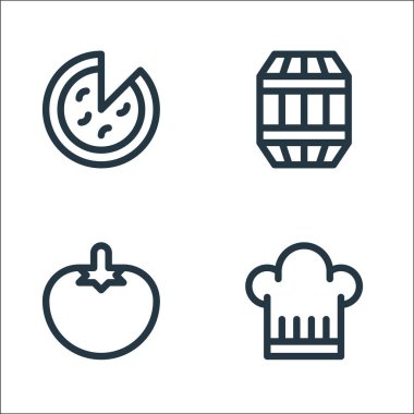 İtalya çizgi simgeleri. Doğrusal küme. Şef şapkası, domates, fıçı gibi kalite vektör çizgisi