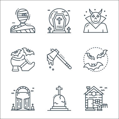 Ürkütücü cadılar bayramı çizgisi simgeleri. Doğrusal küme. Perili ev, mezarlık, kapı, yarasa, balta, cadılar bayramı, kötülük, mezarlık gibi kalite vektör çizgisi
