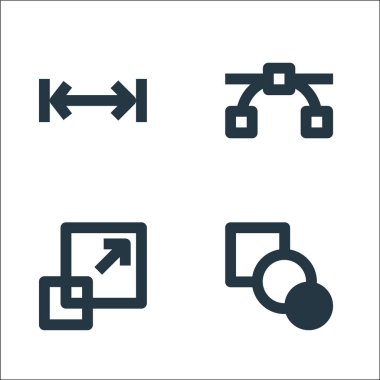 Grafik tasarım çizgisi simgeleri. Doğrusal küme. Harmanlama, yeniden boyutlandırma, düğümler gibi kalite vektör çizgisi
