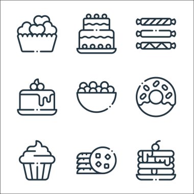 Tatlı çizgisi simgeleri. Doğrusal küme. Krepler, kurabiyeler, çörekler, çörekler, şekerler, pastalar, şekerler, doğum günü pastası gibi kalite vektör dizileri