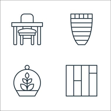 İç mekan çizgisi simgeleri. Doğrusal küme. zemin, teraryum, vazo gibi kalite vektör çizgisi