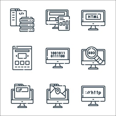 Web geliştirme çizgisi simgeleri. Doğrusal küme. Web sitesi, harita, alan adı, seo, binary, portföy, html, report gibi kalite vektör çizgisi