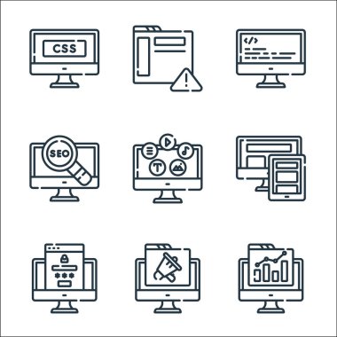 Web geliştirme çizgisi simgeleri. Doğrusal küme. Analiz, promosyon, giriş, yanıt de, içerik, seo, kodlama, uyarı gibi kalite vektör çizgisi kümesi