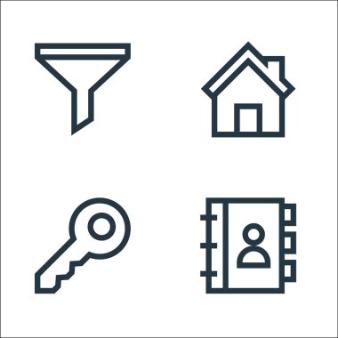 Web esasları çizgi simgeleri. Doğrusal küme. adres defteri, anahtar, ev gibi kalite vektör satırı kümesi