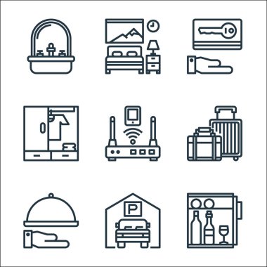 Otel hattı ikonları. Doğrusal küme. Buzdolabı, park yeri, el, bavul, yönlendirici, kıyafet, anahtar kartı, yatak odası gibi kalite vektör dizileri