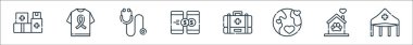 Yardım hattı simgeleri. Doğrusal küme. Çadır, hayvan barınağı, dünya, ilk yardım çantası, para transferi, steteskop, tişört gibi kalite vektör dizileri