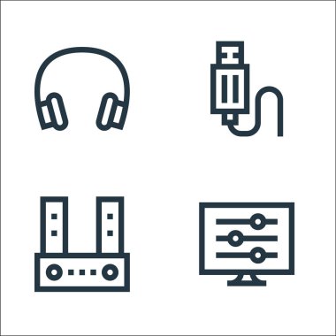 Televizyon dizisi simgeleri. Doğrusal küme. ayarlama, ses çubuğu, usb kablosu gibi kalite vektör çizgisi kümesi
