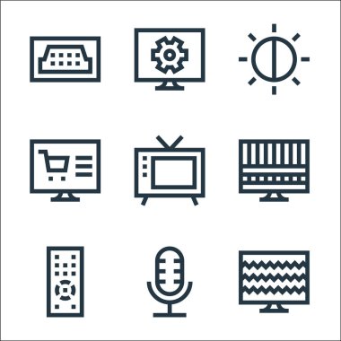 Televizyon dizisi simgeleri. Doğrusal küme. TV, mikrofon, uzaktan kumanda, teknik, eski televizyon, çevrimiçi alışveriş, parlaklık, ayarlar gibi kalite vektör dizileri