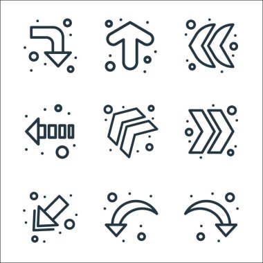 Ok çizgisi simgeleri. Doğrusal küme. Kalite vektör çizgisi seti, örneğin, sol aşağı ok, sol ok, sağ sembol, sola dön, ok yukarı