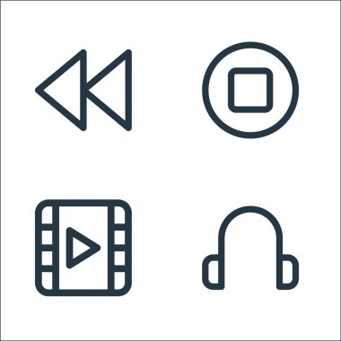 Multimedya çizgi simgeleri. Doğrusal küme. Kulaklık, video, dur gibi kalite vektör satırı kümesi