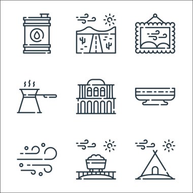 Çöl çizgisi ikonları. Doğrusal küme. Kamp çadırı, mayın, kum, Hindistan, ev, kahve, boya, yol gibi kalite vektör çizgileri