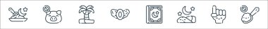 Ramazan çizgi simgeleri. Doğrusal küme. Kaliteli vektör çizgisi: yemek, saymak, uyumak, Kuran, hurmalar, palmiye ağaçları, yemek yok