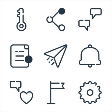 Evet ana satır simgeleri. Doğrusal küme. Ayarlama, bayrak, favori, bildirim, gönderme, ekleme, sohbet, paylaşma gibi kalite vektör dizileri