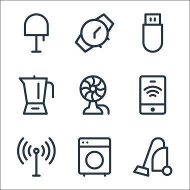 Elektronik hat simgeleri. Doğrusal küme. Elektrik süpürgesi, çamaşır makinesi, anten, akıllı telefon, fan, blender, kalem sürücüsü, saat gibi kalite vektör dizileri