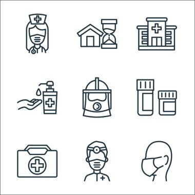 Koronavirüs çizgisi simgeleri. Doğrusal küme. Yüz maskesi, doktor, sağlık kiti, ilaçlar, solunum cihazı, el dezenfektanı, hastane gibi kaliteli vektör dizileri evde kalır.