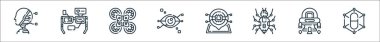 Robot çizgisi simgeleri. Doğrusal küme. Hap, uzay gemisi, hata, konum, iris tanıma, insansız hava aracı, artırılmış gerçeklik gibi kalite vektör çizgisi