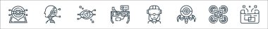 Robot çizgisi simgeleri. Doğrusal küme. Hologram, drone, robot, sanal gerçeklik gözlüğü, artırılmış gerçeklik, iris tanıma, yapay zeka gibi kalite vektör çizgisi seti