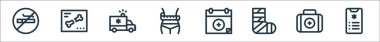 Sağlık çizgisi simgeleri. Doğrusal küme. Sağlık, ilk yardım kiti, bandaj, sağlık, bel, ambulans, x ışını gibi kalite vektör çizgisi