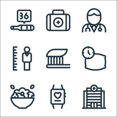 Sağlık çizgisi simgeleri. Doğrusal küme. Kaliteli vektör çizgisi hastane, akıllı seti, salata, uyku, diş fırçası, boy, doktor, ilk yardım çantası gibi