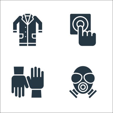 Düz kurtarma ve koruma hattı simgeleri. Doğrusal küme. Gaz maskesi, eldiven, yangın düğmesi gibi kalite vektör çizgisi