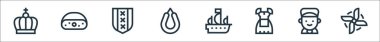 Holland Hattı ikonları. Doğrusal küme. Yel değirmeni, çocuk, kostüm, tekne, rookbest, amthe, peynir gibi kalite vektör dizileri