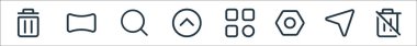 Arayüz çizgisi simgeleri. Doğrusal küme. Çöp, gönderme, ayarlar, seçenekler, yukarı ok, arama gibi kalite vektör satırı kümesi