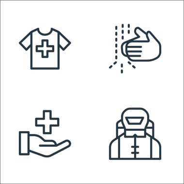 Sağlık ve koruma hattı simgeleri. Doğrusal küme. Biyolojik tehlike, sağlık, el yıkama gibi kalite vektör çizgisi