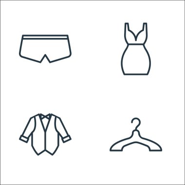 Gardırop çizgisi simgeleri. Doğrusal küme. Askı, smokin, kısa elbise gibi kalite vektör çizgisi