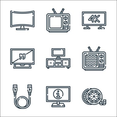 Televizyon dizisi simgeleri. Doğrusal küme. Film makarası, bilgi, usb kablosu, bozuk, TV seti, TV ekranı, k, eski