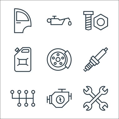 Araba parçaları çizgi simgeleri. Doğrusal küme. Araçlar, motor, dişliler, buji, fren pedi, benzin bidonu, ceviz, yağ gibi kalite vektör dizileri
