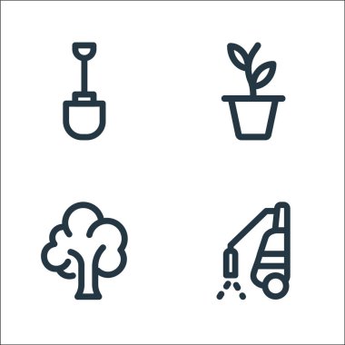 peyzaj ekipman hattı simgeleri. Doğrusal küme. Fıskiye, ağaç, saksı gibi kalite vektör çizgisi