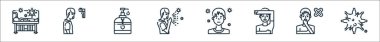 Virüs iletim hattı simgeleri. Doğrusal küme. Virüs, öksürük, hasta, adam, öksürük, el dezenfektanı, termometre gibi kalite vektör dizileri