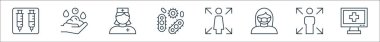 Virüs çizgisi simgeleri. Doğrusal küme. Sağlık hizmeti, enfeksiyon, yüz maskesi, mesafe, enfeksiyon, hemşire, el yıkama gibi kalite vektör çizgisi