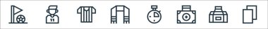 Futbol sahası ikonları. Doğrusal küme. Futbol, spor çantası, ilk yardım çantası, kronometre, eşarp, hakem, futbol oyuncusu gibi kalite vektör dizileri