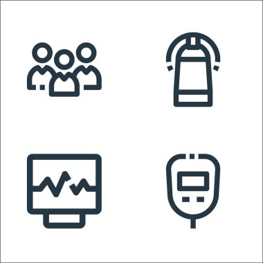 Tıbbi malzeme çizgisi simgeleri. Doğrusal küme. Glukometre, kalp atışı, tomografi gibi kalite vektör çizgisi