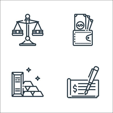 Bankacılık ve para hattı simgeleri. Doğrusal küme. kontrol, altın, cüzdan gibi kalite vektör çizgisi