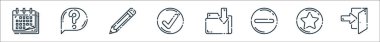 kullanıcı arayüzü satır simgeleri. Doğrusal küme. Giriş, favori, silme, dizin, kontrol, kalem, yardım gibi kalite vektör satırı