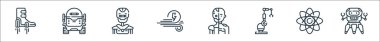 Gelecekteki çizgi simgelerinin teknolojisi. Doğrusal küme. Robot, bilim, vinç, sayborg, rüzgar enerjisi, robot gibi kalite vektör dizileri