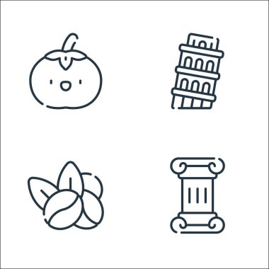 İtalya çizgi simgeleri. Doğrusal küme. Sütun, kahve çekirdeği, sidik kulesi gibi kalite vektör çizgisi