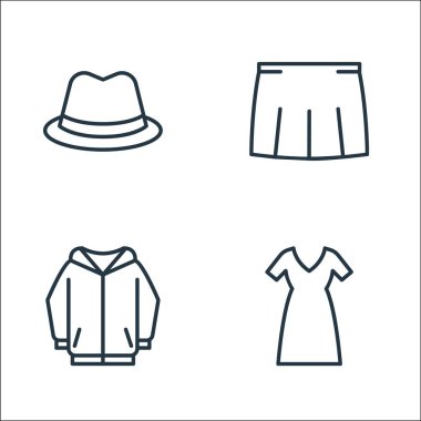Gardırop çizgisi simgeleri. Doğrusal küme. Uzun elbise, kapüşon, etek gibi kalite vektör çizgisi