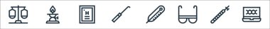 Laboratuvar çizgisi simgeleri. Doğrusal küme. Pipet, güvenlik gözlükleri, termometre, diseksiyon, periyodik tablo, laboratuvar gibi kalite vektör çizgisi kümesi