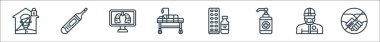 Koronavirüs çizgisi simgeleri. Doğrusal küme. El sıkışma, tehlikeli madde, alkol jeli, ilaç, hastane yatağı, insan akciğerleri, termometre gibi kalite vektör dizileri