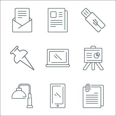 ofis ögeleri satır simgeleri. Doğrusal küme. Belge, telefon, masa lambası, sunum, dizüstü bilgisayar, pin, flash disk, gazete gibi kalite vektör dizileri