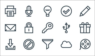 Web esasları çizgi simgeleri. Doğrusal küme. Film makarası, huni, indirme, bulut hesaplama, yasaklama, e-posta, usb, mikrofon gibi kalite vektör dizileri