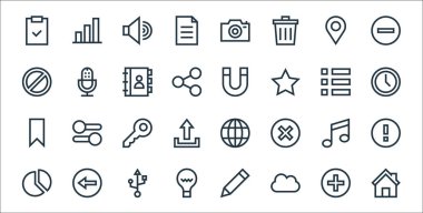 Web esasları çizgi simgeleri. Doğrusal küme. ev, bulut hesaplama, fikir, pasta grafiği, müzik notası, anahtar, zaman, mıknatıs, mikrofon gibi kalite vektör çizgisi kümesi