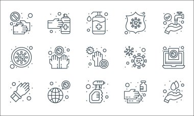 El yıkama çizgisi simgeleri. Doğrusal küme. El yıkama, sprey şişesi, lastik eldiven, el dezenfektanı, şanzıman, bakteri, bakteri, koronavirüs, el dezenfektanı gibi kalite vektör çizgisi