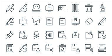 Ofis malzemeleri ikonları. Doğrusal küme. Dosya, kilit, paylaşım, bilanço, dosya, ofis sandalyesi, dijital denetleyici, notlar, bilgisayar gibi kalite vektör dizileri