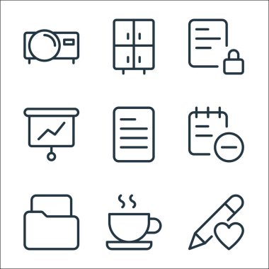 Ofis malzemeleri ikonları. Doğrusal küme. Favori, kahve fincanı, dosya, kaldırma, kağıt, çizgi çizgisi, kilit, dolap gibi kalite vektör çizgisi