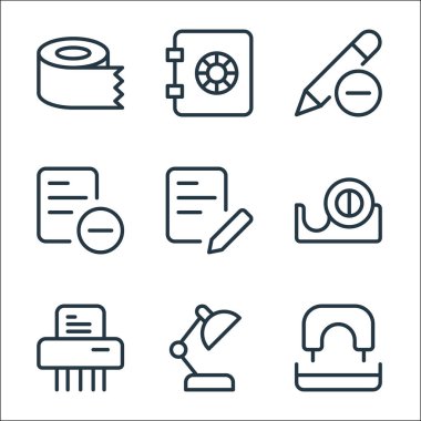 Ofis malzemeleri ikonları. Doğrusal küme. Kalite vektör çizgisi: delik delici, ayarlanabilir lamba, kağıt kesicisi, bant kesicisi, düzenleme, kaldırma, yasaklama, güvenli